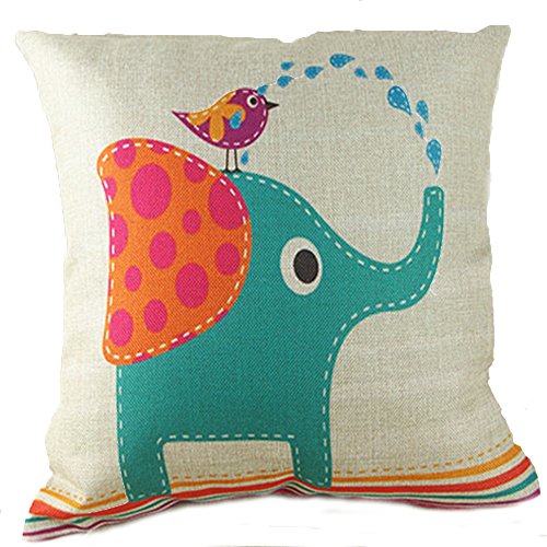 Vanki cute animal serial Cotton Linen Square Decorative Throw Pillow Case Cushion Cover 18 x 18 inches ,lovely elephant and bird pattern