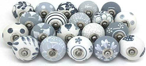 Grey &amp; White Hand Painted Ceramic Cabinet Drawer Pull set of 10 Pieces