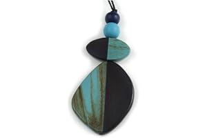 Avalaya Dark Blue/Teal Geometric Wood Pendant Black Waxed Cotton Cord - 80cm L Max/ 13cm Pendant