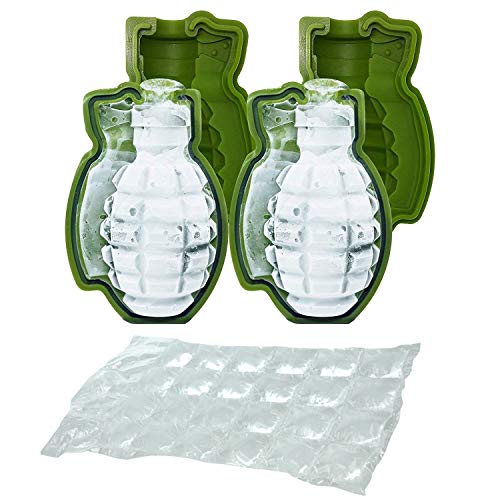 MEGON Moule à Cocktail en Forme de Grenade 3D | Moule à Whisky | Cadeau Parfait pour Les Hommes, Les Fans Militaires, Les Bars, Les fêtes | Lot de 2 et 10 Sacs à glaçons en Silicone