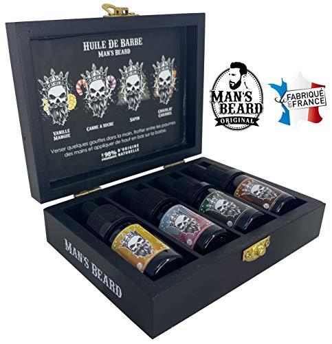 Man's Beard - Coffret de 4 Huiles de barbe parfumée - Senteur Vanille Mangue/Chocolat/Sucre De Canne/Sapin- Pour l'Entretien Et Le Soin de Barbe - 5 Ml x 4 - Fabrication Française