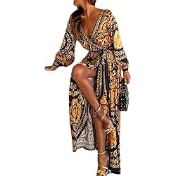 Vestidos De Cóctel Bohemios Manga Larga Floral Otoño Fiesta Maxi Vestido De Mujer Amarillo L