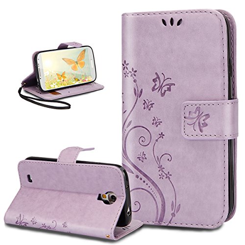 Galaxy S4 Hülle,Galaxy S4 Lederhülle,Galaxy S4 Leder Wallet Tasche Brieftasche Schutzhülle,ikasus® Malerei Schmetterling Muster PU Lederhülle Flip Hülle im Bookstyle Cover Schale Stand Ständer Etui Karten Slot Schutzhülle Grau Tasche Wallet Case für Samsung Galaxy S4 i9500 - Helles Lila