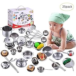 Jouet Simulation Ustensile Mini Cuisine en Acier Inoxydable Apprenant Papa Maman Cuisine - Jouet Kit Cuisine pour Enfant Fille avec Casseroles, Passoire,etc(18PCS/25PCS/32PCS/40PCS)