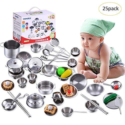Jouet Simulation Ustensile Mini Cuisine en Acier Inoxydable Apprenant Papa Maman Cuisine - Jouet Kit Cuisine pour Enfant Fille avec Casseroles, Passoire,etc(18PCS/25PCS/32PCS/40PCS)