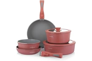 KASANOVA Batteria pentole 9 pezzi Eaziclip, Set pentole induzione con rivestimento ceramico e manici staccabili per uso in forno, Batteria antiaderente rosa con coperchi