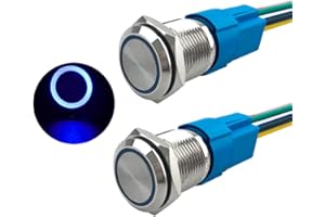 Aiqeer 2 sztuki 16 mm przełącznik przyciskowy, 12 V / 24 V 5A wodoodporny przełącznik przyciskowy ze stali nierdzewnej IP67, z gniazdem przewodowym (niebieska dioda LED)