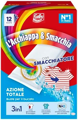Grey L'Acchiappa & Smacchia 3in1, Buste per il Bucato, Buste Cattura Colore, Con Smacchiatore, Confezione da 12 Buste