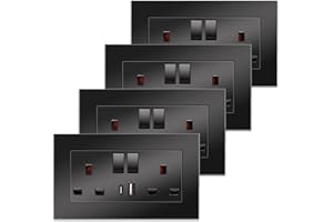4 Pack CNBINGO Double Switched Power Socket with Dual USB Charging Ports (Type A and C), Black 13 Amp Electric Wall Socket