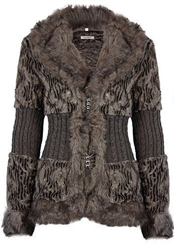 LADIES NEW FAUX FUR KNITTED DETAIL CARDIGAN COAT - MOCHA XL