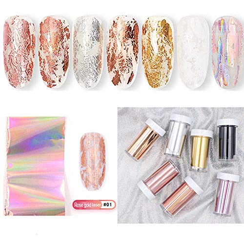 NICOLE DIARY laser Nail Foil Transfer Sticker Oro rosa Cielo stellato Decalcomanie per unghie Pezzi di vetro Consigli per la nail della carta Artigli brillanti adesivi per unghie (7 scatole)