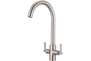 Peppermint Brushed Nickel Kitchen Tap Monobloc Dual Lever Kitchen Mixer Taps 1 Hole Brushed Steel Sink Taps Mixer Swan Neck Twin Lever Rustproof Stainless Steel Faucet
