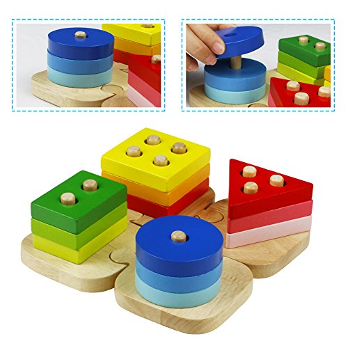 ACOOLTOY Holzspielzeug Formen Stecken Stapel Puzzle Bunte Sortier Block für Kinder Early Education - 5