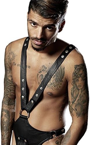 Mirlun Men's Faux Leather Harness Straps Bodysuit Clubwear Thong With Buckled Pouch, S