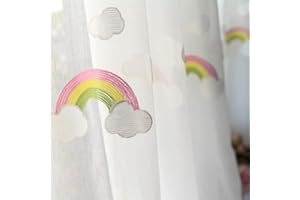 Qiaogth Bambini Ricamo Tenda Trasparente Arcobaleno con Gancio, Oscurante Finestra Drappo Pannello per Bambini Camera da Letto Soggiorno, 1 Pannello-Bianca 150x270cm(59x106inch)