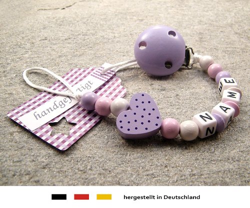 Baby SCHNULLERKETTE mit NAMEN | Schnullerhalter mit Wunschnamen – Mädchen Motiv Herz in flieder - 3
