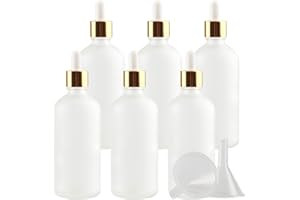ZEOABSY 6 Pièces 100ml Flacon Compte-goutte en Verre Transparent Dépoli, Bouteille d'huile Essentielle avec Pipette en Or Vides pour Cosmétiques Aromathérapie, Bouteille de Voyage
