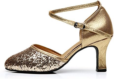 AYMYPL Women's Sequins Closed Toe Low Kitten Heel Cross Straps Practice Ballroom Latin Shoes Golden EU Size 34-UK Size 2/Leather Sole/3.5