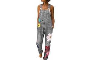 HANMAX Damen Denim Jeans Latzhose Langer Overall Blumen Jeansoptik Klasse Vintage Jeans Lang Lässig Baggy Boyfriend Stylisch Jumpsuit Hüftjeans