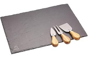 Artesa - Plateau en Ardoise Naturelle avec 3 Couteaux à Fromages en Inox et Bois d'Acacia, 35 x 25 cm