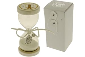 Ingrosso e Risparmio Bomboniera Cresima 1 pz Clessidra in Vetro con Sabbia Bianca Simboli Sacri Pastrorale e Mitra Base Resina e Ciondolo