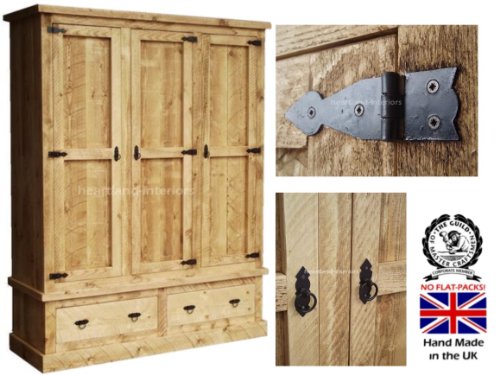 Solid Pine Triple Wardrobe, 3 Door Rustic, Rough Sawn Robe with 2 Drawers. Choice of Colours. No flat packs, No assembly (RSTRW)