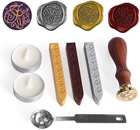 Antique Manuscript Wax Seal Stamp Gift Set with Gold Red Silver Sticks Melting Spoons Candles Creative Romantic Stamp Maker(For You)