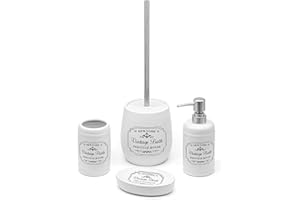 Inbagno Set Bagno Completo in Ceramica Bianca con Stampe a Contrasto Nere, Include Dispenser Sapone, portaspazzolini, portasapone e portascopino