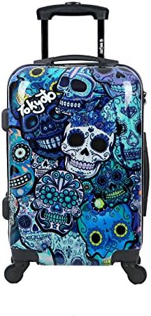 Cabin Luggage 55x35x20 Suitcase 20 inch in Ryanair Easyjet Approved Lightweight 4 Wheel Hard Case Kids Small Size Children Powerbank Charger Prepared BLUE SKULLS by TOKYOTO LUGGAGE (TROLLEY + CHARGER)