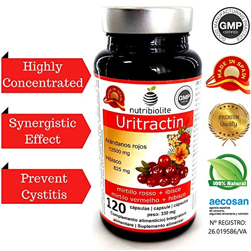 Nutribiolite Uritractin - Extractos de arándano rojo 12500 mg + Flor de hibisco 825 mg. Para un tracto urinario sano. 120 capsulas. Vegano, Sin gluten, lactosa o alérgenos. No OGM