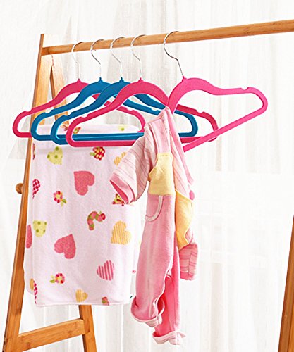 logei® 30St Samt Baby Kinder-Kleiderbügel Kleiderbügel mit Hosenstange Anti-Rutsch Flordecke Beflockung Superdünn, Rosa - 4