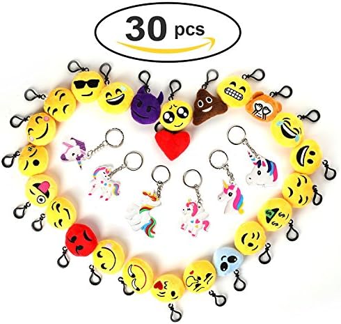 30pcs Emoji Keyrings for Kids Party Supplies Soft Emoji Plush Cushions Poo Pillow,Emoticon Backpack Clips including 6pcs Unicorn keychain for Birthday Party Favors Bag Filler Toy Gift