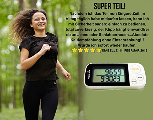 NAKOSITE-Genauer 3D Schrittzähler, Kalorienzähler, mit Fitness eBook. 30 Tage Speicher nicht 7. Meilen oder kilometerzähler mit Clip & Gurt. Pedometer mit Trainings-Modus, Tägliche Leistung Monitor, konstruiert mit Tri-Axis Technik, digitales leicht zu lesende Anzeige, Weiß. - 3