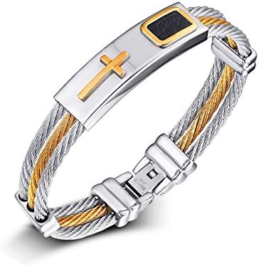 Lekima Bracelet Bangle Multilayer Twisted Cable Cross Crucifix Tri-Color Leather Stainless Steel Cool Biker Wristband Hand Rope Jewellery Gift For Men
