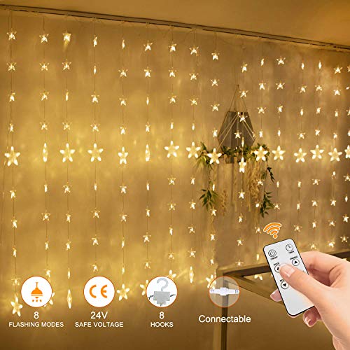 Star Curtain Lights 144 LED Window String Lights 8 Flashing Modes with Remote Timer, IP65 Waterproof Indoor,Outdoor, Decoration for Christmas, Wedding, Party, Home, Patio 24V 6.5ft x 4.9ft (LxW)
