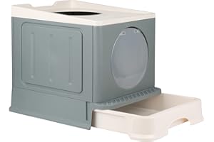 THINFAR Duża kuweta dla kota z pokrywką, duża składana kuweta z szufladą i łopatą | łatwa do czyszczenia (48 x 39 x 34 cm (szara)