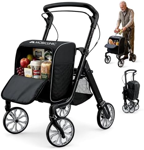 Mobiclinic®, Deambulatore Pieghevole + Carrello della Spesa, 2 in 1, Freno di Stazionamento, Regolabile in 6 Altezze, Maniglia Singola, Cestino e Borsa XXL Rimovibili, Ruote 360º, Alluminio, Formen