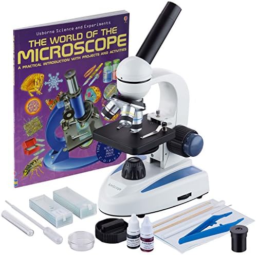 AmScope M158C-SP14-WM 40X-1000X Student Cordless LED Compound Microscope with Slide Preparation Kit and Book