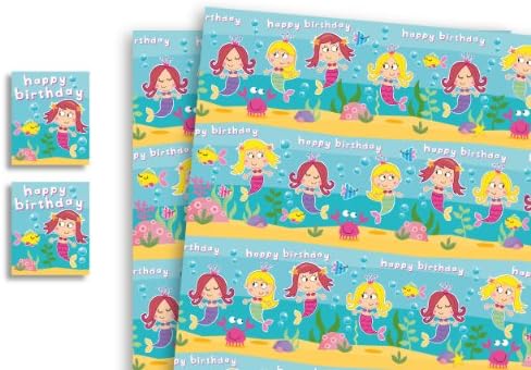 Childrens Luxury Gift Wrap x 5 Sheets &amp; 5 Tags Mermaid