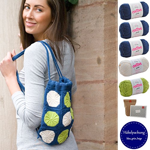 Tasche Häkeln * Häkel Set Rucksack Sunny Spread * Granny Squares häkeln – Häkelpackung mit 5 Knäuel Baumwolle Cotton pure in blau/weiß/grün + Häkelanleitung + GRATIS MyOma Label – Häkelpackung