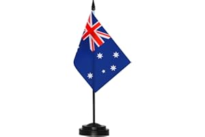 ANLEY Australia Deluxe Desk Flag Set - 6 x 4 Inch Miniature Australian Desktop Flag with 12" Solid Pole - Vivid Color and Fade Resistant - Black Base and Spear Top