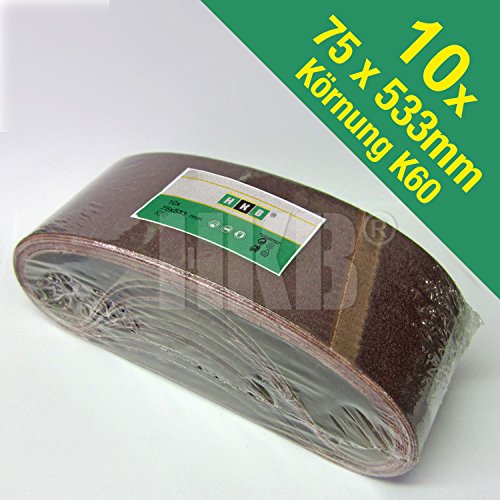 10 Stück HKB ® Schleifbänder, 75 x 533mm, Körnung 60 für Bandschleifmaschinen, Hochwertige Profi-Qualität für verschiedene Oberflächen, feiner und riefenfreier Schliff, universell einsetzbar, Artikel-Nr. 181495