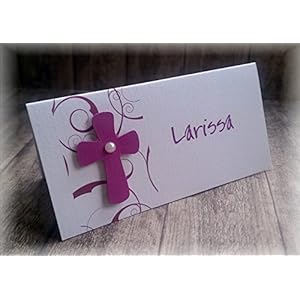 Tischkarte Namenskarte Kommunion Konfirmation Firmung Taufe Kreuz brombeer beere dunkel pink