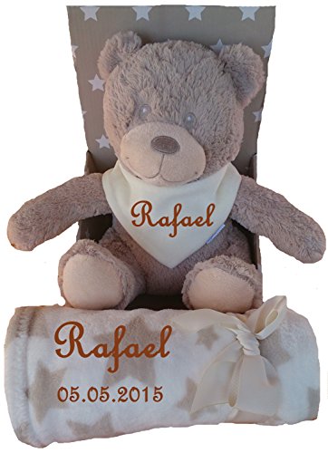 Baby Kinder Set 3 teilig Babydecke mit Namen bestickt Teddy Halstuch Taufe Geburt - 5