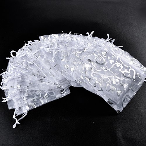 HooAMI 100X Weiss Organza mit Herz Säckchen Bonbonsbeutel Geschenkbeutel 9x12cm - 5