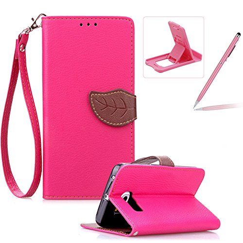 Strap Leather Case for Samsung Galaxy S6 Edge,Hot Pink Wallet Flip Cover for Samsung Galaxy S6 Edge,Herzzer Classic Unique Magnetic Leaf Buckles Design Full Body Card Slots Stand Folio Synthetic Leather Case with Soft Silicone