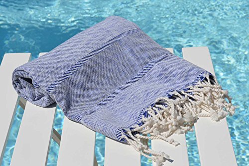 Fouta Hamamtuch xl ‚Tezzy‘ | Leichtgewicht Strandtuch xl | 95x190cm | Exklusiv durch die melierte Baumwolle, die schönen Farbe und das hübsche Webemuster | Hochwertige Qualität, handgewebt, knitterfrei | Hamam Badetuch, Saunatuch | (Blau) - 4