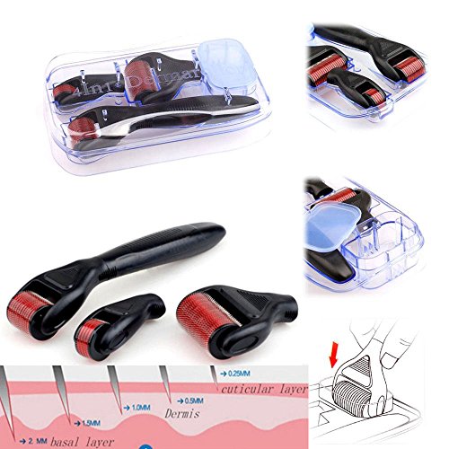 Hommii 4 in 1 Mikro Derma Roller Sterilisierte Titanium Nadeln Kit (0.5mm/180 Nadeln 1.0mm/600 Nadeln 1.5mm/1200 Nadeln) – Best Skin Roller Kit für Anti Ageing, Akne-Narben, Dehnungsstreifen, Falten, Augenbeutel , Körper, Gesicht, Haarausfall, Cellulite, Scalp -Schwarz Griff mit Rot - 2