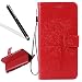 Produktbild Huawei Mate 9 Hülle,Wallet Hülle für Huawei Mate 9,Leeook Elegant Reizend Kreative Rot Baum Blumen Katze Schmetterling Muster Entwurf Prägung PU Leder Filp Case Cover mit Lanyard/Strap Ständerfunktion Kartenfächer Magnetverschluss Book Style Flip Folio Brieftasche Schale Handytasche Schutzhülle Etui Tasche für Huawei Mate 9 + 1 x Schwarz Eingabestift-Red