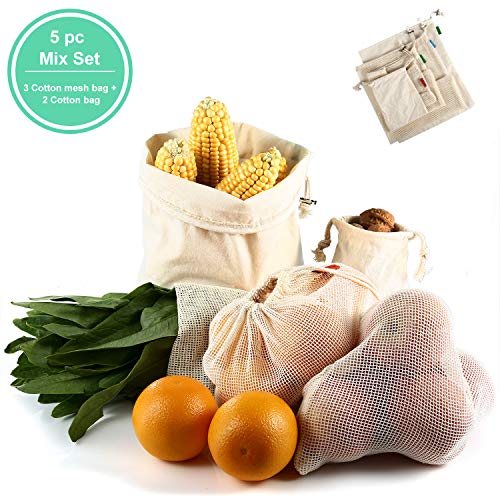 COMLIFE Borsa di Spesa in Cotone Riutilizzabile Ecologica, Pieghevole e Resistente Lavabile in Lavatrice per Lo Shopping, imballaggio Esterno, stoccaggio, Frutta, Verdura - 5pcs